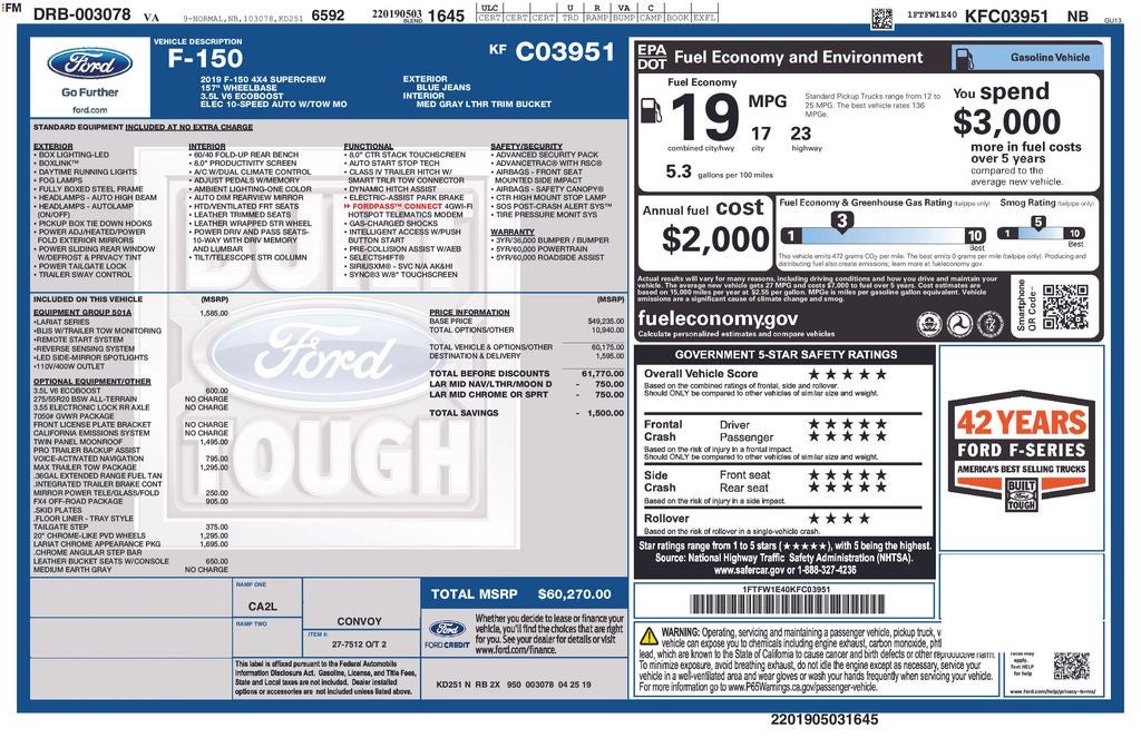 2019 Ford F-150 Lariat 4X4 W/PANO ROOF