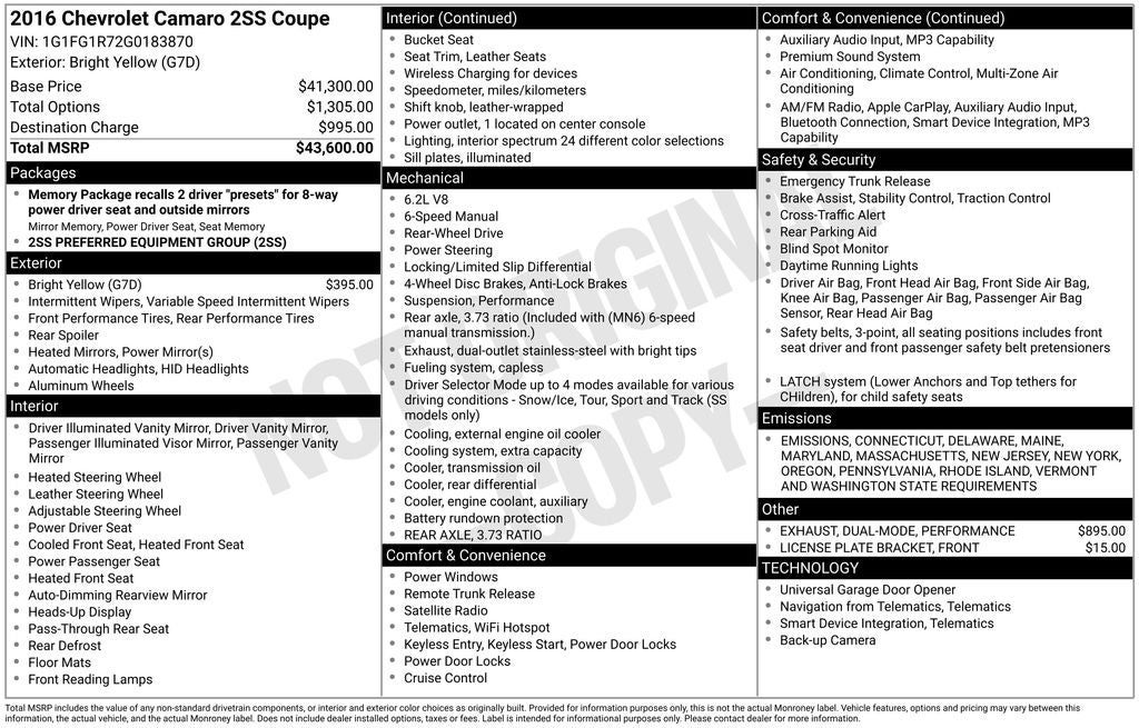 2016 Chevrolet Camaro SS 2SS 6 SPEED MANUAL