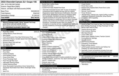 2022 Chevrolet Camaro ZL1 W/ 6 SPEED MANUAL