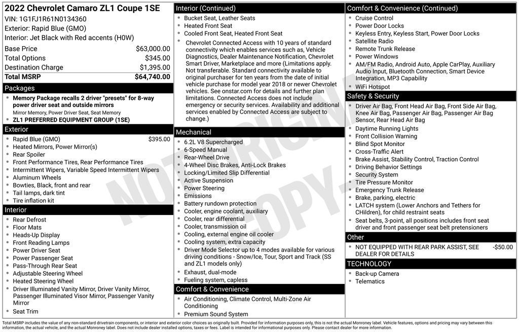 2022 Chevrolet Camaro ZL1 W/ 6 SPEED MANUAL