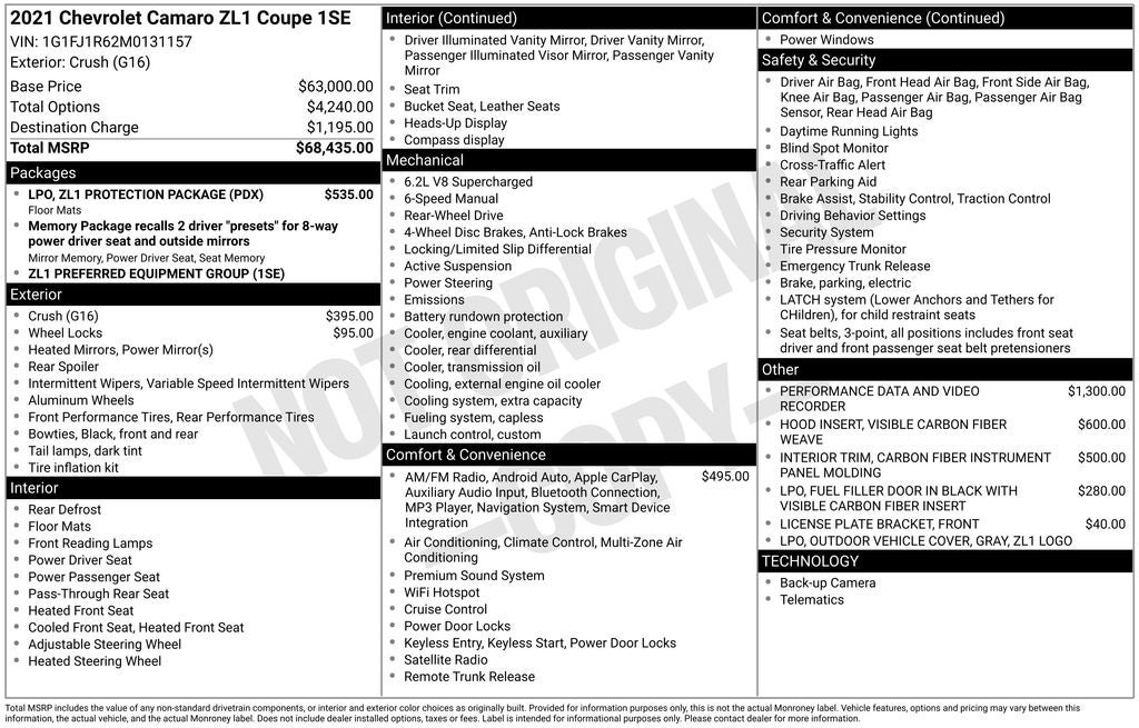 2021 Chevrolet Camaro ZL1 6 SPEED MANUAL