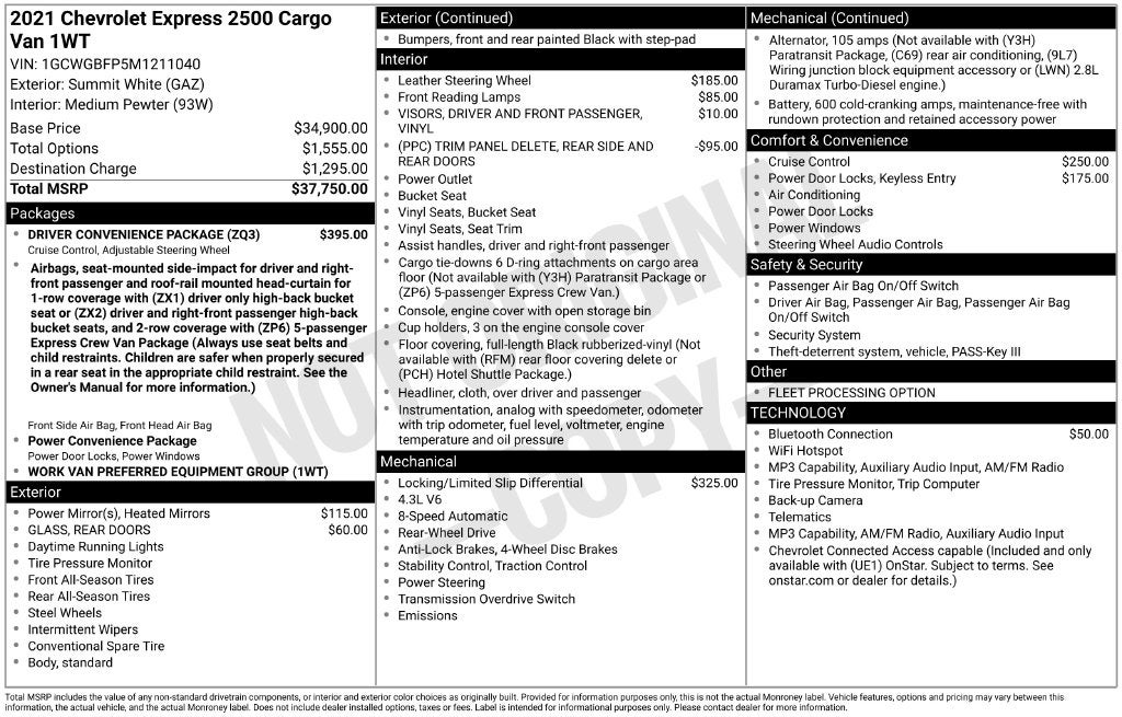 2021 Chevrolet Express 2500 Work Van Cargo