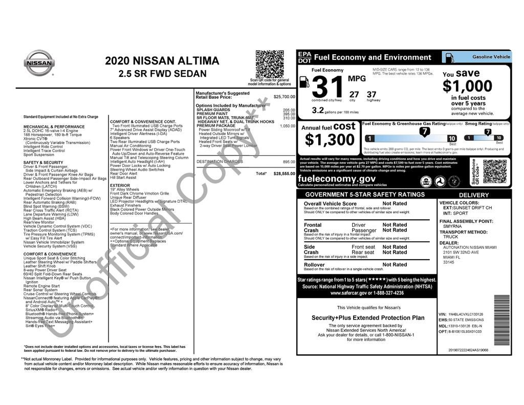 2020 Nissan Altima 2.5 SR W/PREMIUM PACKAGE