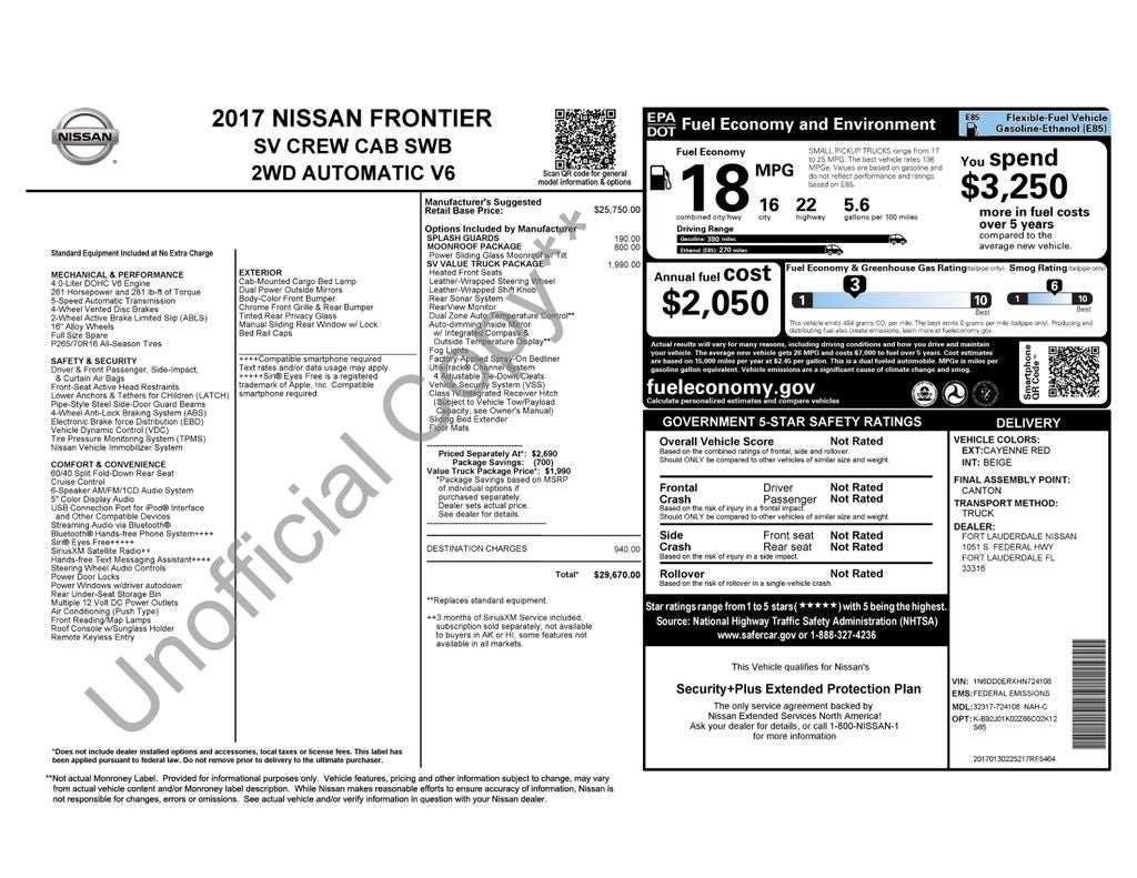 2017 Nissan Frontier SV W/SUNROOF