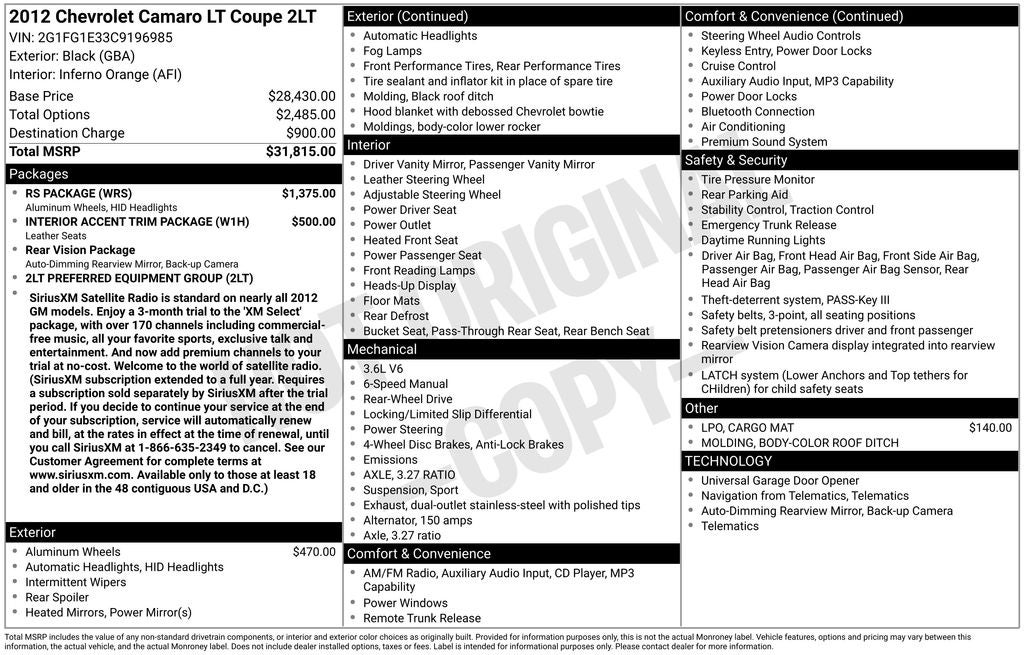 2012 Chevrolet Camaro 2LT 6 Speed Manual