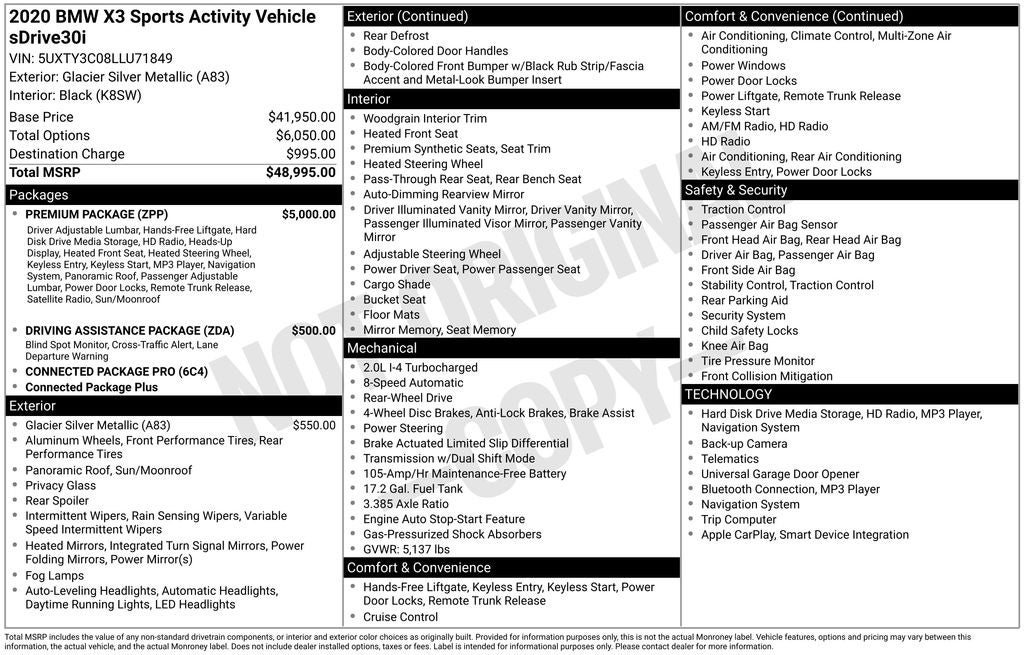 2020 BMW X3 sDrive30i w/PREMIUM PACKAGE