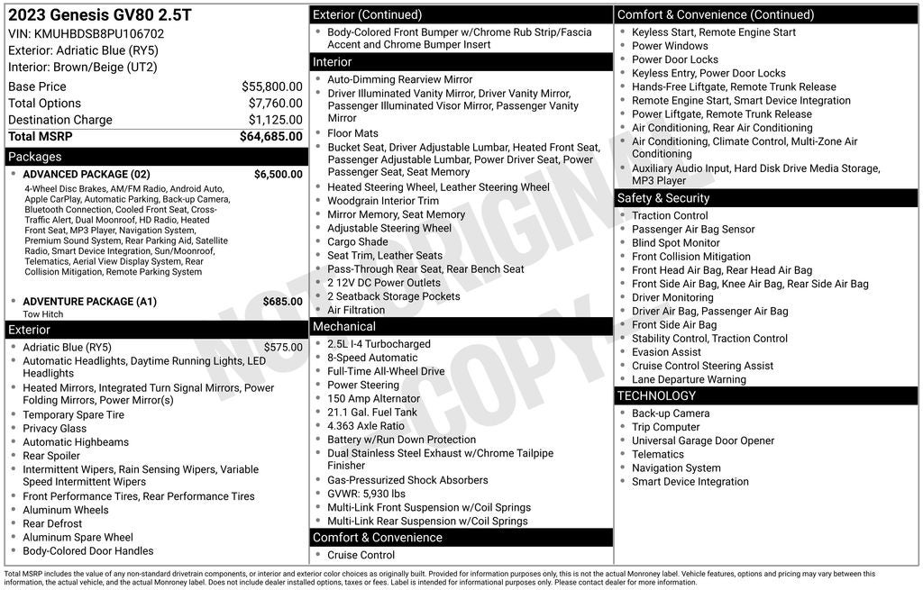 2023 Genesis GV80 2.5T ADVANCED PACKAGE