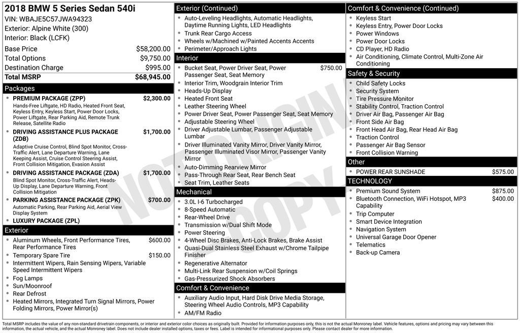 2018 BMW 5 Series 540i w/PREMIUM PACKAGE